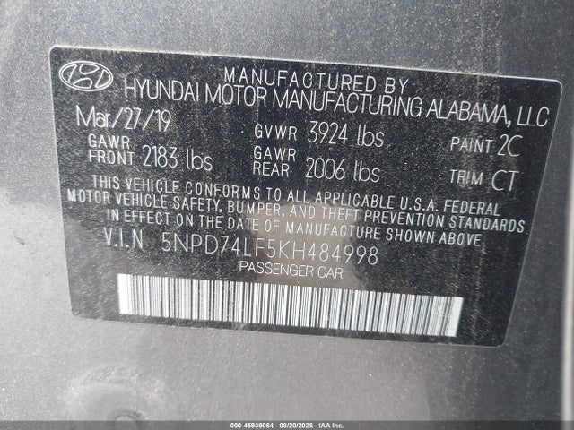 2019 Hyundai Elantra Se მანქანა იყიდება აუქციონზე, vin: 5NPD74LF5KH484998, აუქციონის ნომერი: 45939064