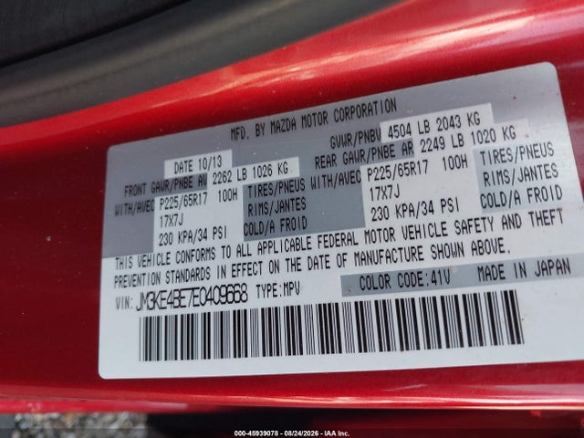 45939078 :رقم المزاد ، JM3KE4BE7E0409668 vin ، 2014 Mazda Cx-5 Sport مزاد بيع