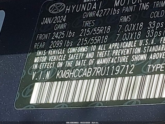 Продажа на аукционе авто 2024 Hyundai Kona Sel, vin: KM8HCCAB7RU119712, номер лота: 45939082