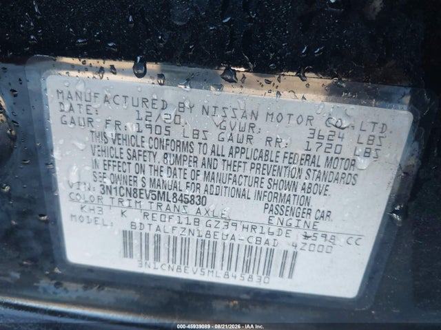 2021 Nissan Versa Sv Xtronic Cvt მანქანა იყიდება აუქციონზე, vin: 3N1CN8EV5ML845830, აუქციონის ნომერი: 45939089