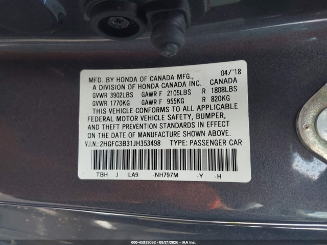 Honda Civic Ex-t 2018 2HGFC3B31JH353498 Image 9