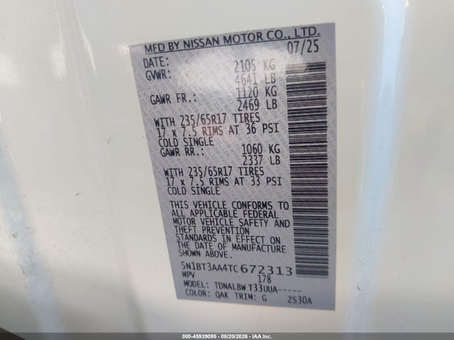45939095 :رقم المزاد ، 5N1BT3AA4TC672313 vin ، 2026 Nissan Rogue S مزاد بيع