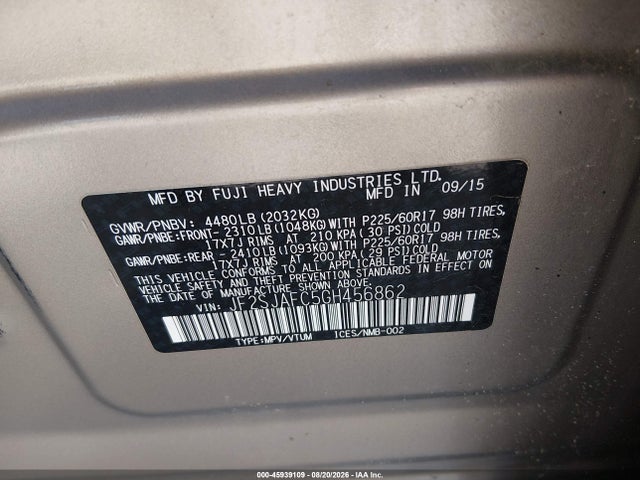Продажа на аукционе авто 2016 Subaru Forester 2.5i Premium, vin: JF2SJAFC5GH456862, номер лота: 45939109
