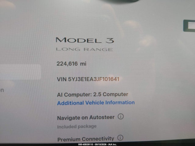2018 Tesla Model 3 Long Range/mid Range მანქანა იყიდება აუქციონზე, vin: 5YJ3E1EA3JF101641, აუქციონის ნომერი: 45939115
