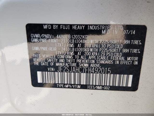 Продажа на аукционе авто 2015 Subaru Forester 2.5i Limited, vin: JF2SJAHC7FH492015, номер лота: 45939124