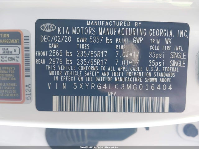 Aukcja sprzedaży 2021 Kia Sorento Lx, vin: 5XYRG4LC3MG016404, numer aukcji: 45939129