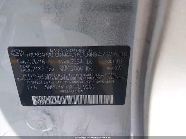 2017 Hyundai Elantra Se მანქანა იყიდება აუქციონზე, vin: 5NPD84LFXHH019283, აუქციონის ნომერი: 45939135