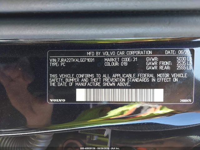 Aukcja sprzedaży 2020 Volvo S60 T6 Momentum, vin: 7JRA22TK4LG071691, numer aukcji: 45939136