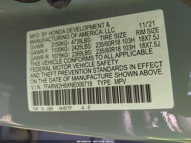 45939150 :رقم المزاد ، 7FARW2H8XNE006719 vin ، 2022 Honda Cr-v Awd Ex-l مزاد بيع