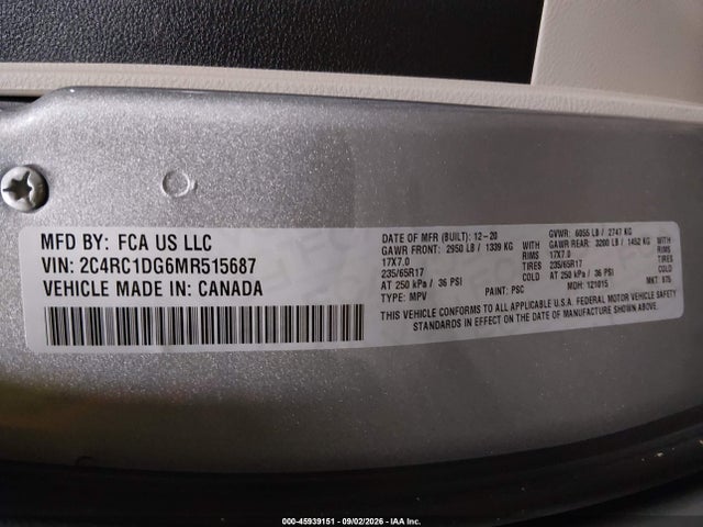 2021 Chrysler Voyager Lxi მანქანა იყიდება აუქციონზე, vin: 2C4RC1DG6MR515687, აუქციონის ნომერი: 45939151