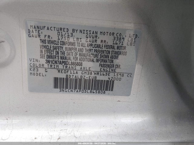 Продаж на аукціоні авто 2013 Nissan Versa 1.6 Sv, vin: 3N1CN7AP0DL865808, номер лоту: 45939159