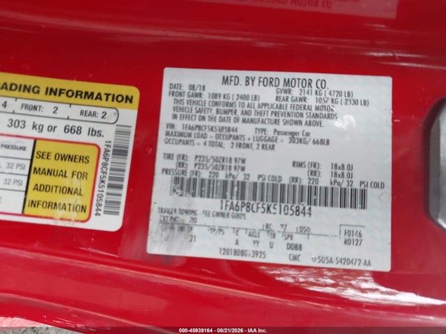 45939164 :رقم المزاد ، 1FA6P8CF5K5105844 vin ، 2019 Ford Mustang Gt مزاد بيع