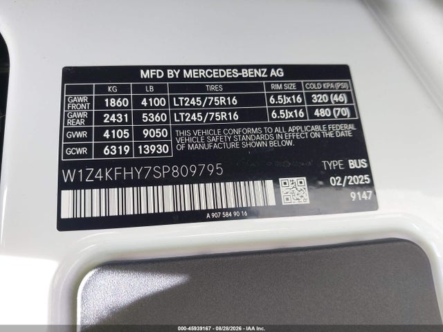Aukcja sprzedaży 2025 Mercedes-benz Sprinter 2500 Standard Roof 4-cyl Diesel, vin: W1Z4KFHY7SP809795, numer aukcji: 45939167