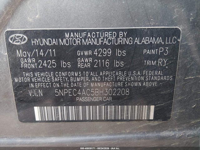 Продажа на аукционе авто 2011 Hyundai Sonata Limited, vin: 5NPEC4AC5BH302208, номер лота: 45939171