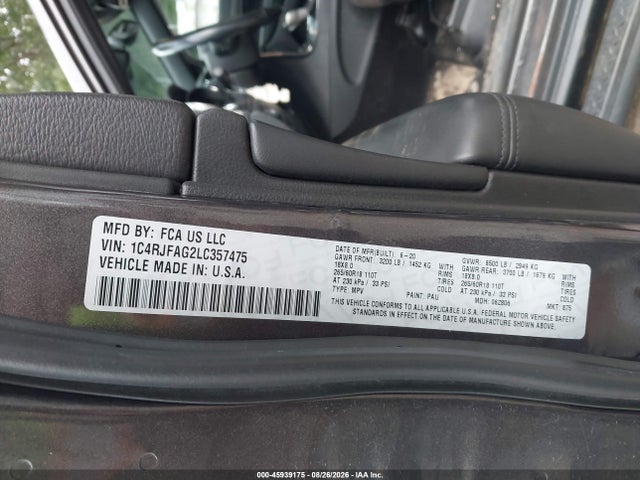 2020 Jeep Grand Cherokee North Edition 4x4 მანქანა იყიდება აუქციონზე, vin: 1C4RJFAG2LC357475, აუქციონის ნომერი: 45939175