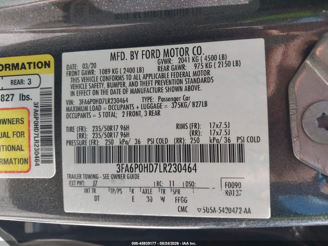 45939177 :رقم المزاد ، 3FA6P0HD7LR230464 vin ، 2020 Ford Fusion Se مزاد بيع