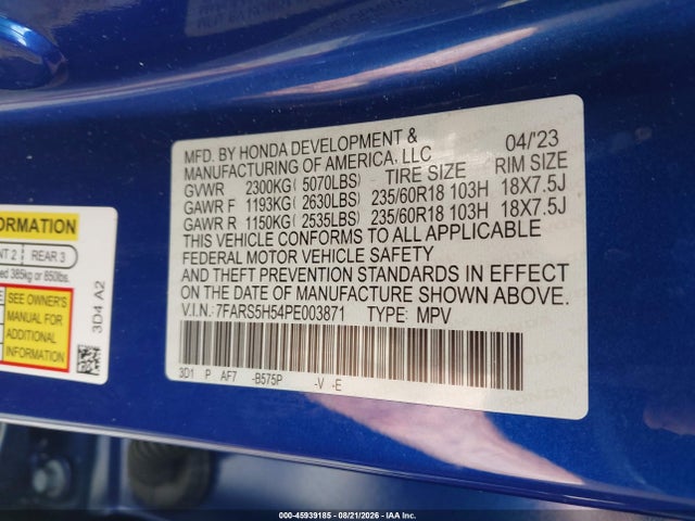 2023 Honda Cr-v Hybrid Sport მანქანა იყიდება აუქციონზე, vin: 7FARS5H54PE003871, აუქციონის ნომერი: 45939185