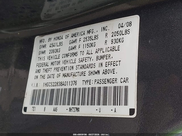 Продаж на аукціоні авто 2008 Honda Accord 3.5 Ex-l, vin: 1HGCS22838A011376, номер лоту: 45939196