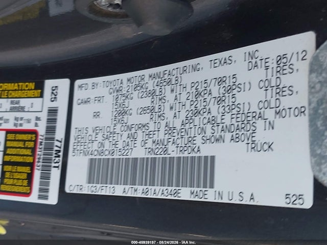 45939197 :رقم المزاد ، 5TFNX4CN8CX015227 vin ، 2012 Toyota Tacoma مزاد بيع
