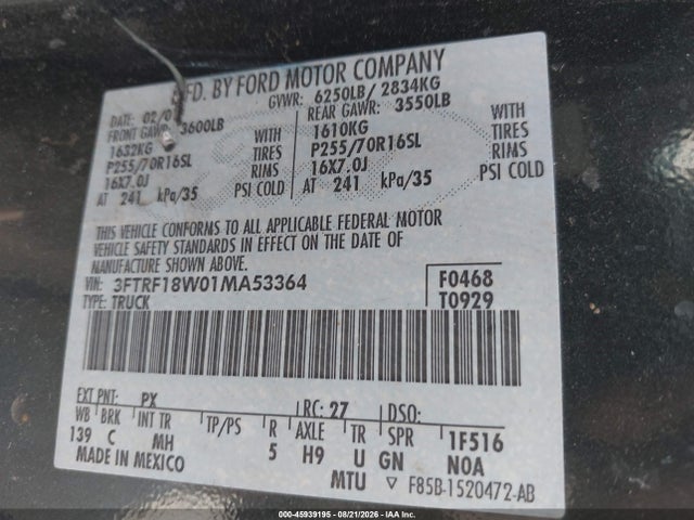 Aukcja sprzedaży 2001 Ford F150, vin: 3FTRF18W01MA53364, numer aukcji: 45939195