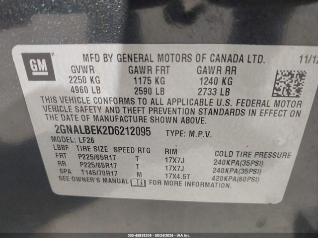 2013 Chevrolet Equinox Ls მანქანა იყიდება აუქციონზე, vin: 2GNALBEK2D6212095, აუქციონის ნომერი: 45939209
