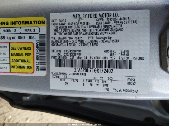 45939212 :رقم المزاد ، 3FA6P0H71GR172402 vin ، 2016 Ford Fusion Se مزاد بيع