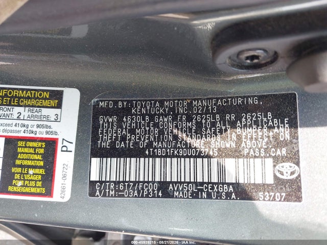 45939215 :رقم المزاد ، 4T1BD1FK9DU073745 vin ، 2013 Toyota Camry Hybrid Xle مزاد بيع