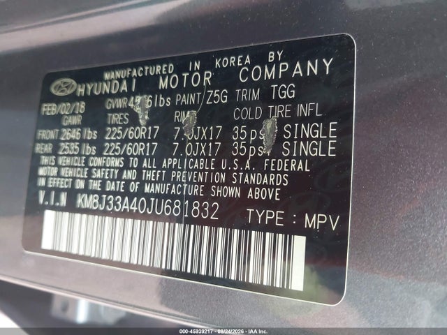 2018 Hyundai Tucson Sel მანქანა იყიდება აუქციონზე, vin: KM8J33A40JU681832, აუქციონის ნომერი: 45939217