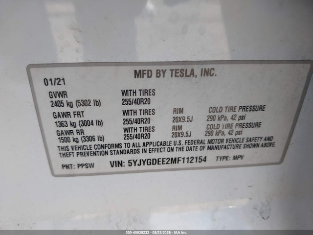 Продаж на аукціоні авто 2021 Tesla Model Y Long Range Dual Motor All-wheel Drive, vin: 5YJYGDEE2MF112154, номер лоту: 45939232