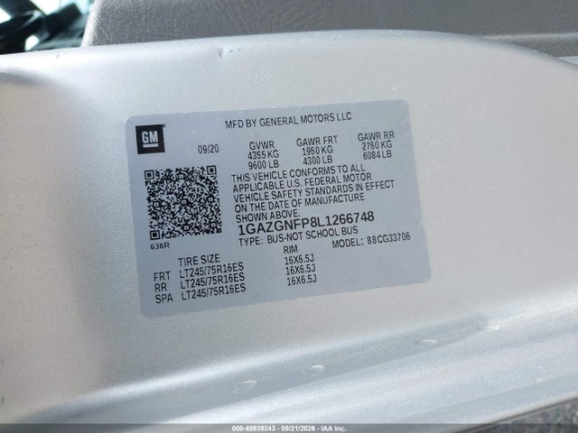 Aukcja sprzedaży 2020 Chevrolet Express Passenger Rwd 3500 Extended Wheelbase Ls, vin: 1GAZGNFP8L1266748, numer aukcji: 45939243