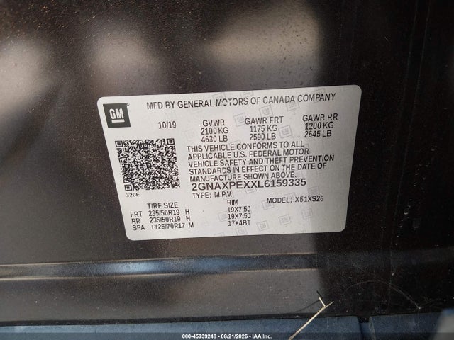 45939248 :رقم المزاد ، 2GNAXPEXXL6159335 vin ، 2020 Chevrolet Equinox Fwd Premier 2.0l Turbo مزاد بيع