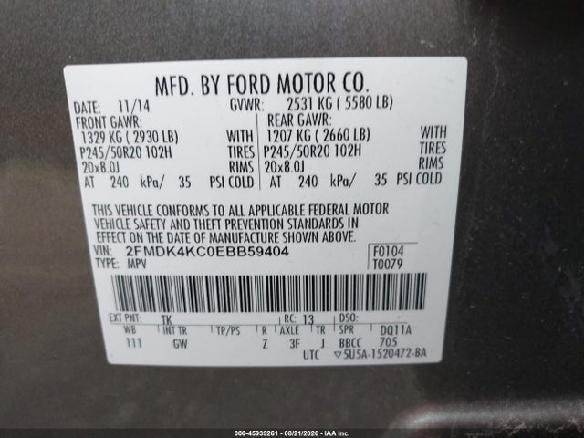 2014 Ford Edge Limited მანქანა იყიდება აუქციონზე, vin: 2FMDK4KC0EBB59404, აუქციონის ნომერი: 45939261