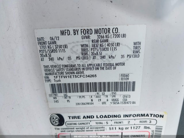 Продажа на аукционе авто 2012 Ford F-150 Platinum, vin: 1FTFW1ET5CFC34265, номер лота: 45939274
