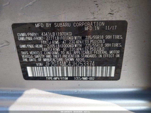Aukcja sprzedaży 2018 Subaru Crosstrek 2.0i Limited, vin: JF2GTAMC4JH253374, numer aukcji: 45939278