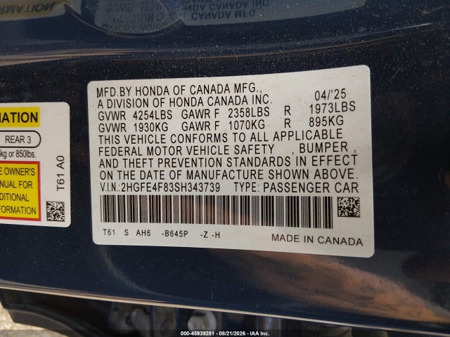 45939281 :رقم المزاد ، 2HGFE4F83SH343739 vin ، 2025 Honda Civic Hybrid Sport/sport Touring مزاد بيع
