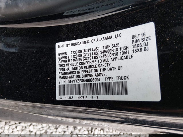 Продажа на аукционе авто 2017 Honda Ridgeline Black Edition, vin: 5FPYK3F86HB006904, номер лота: 45939282