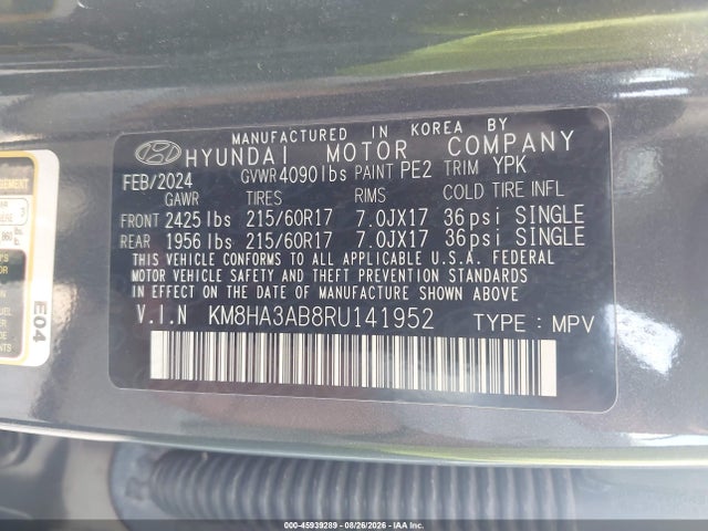 Aukcja sprzedaży 2024 Hyundai Kona Se, vin: KM8HA3AB8RU141952, numer aukcji: 45939289