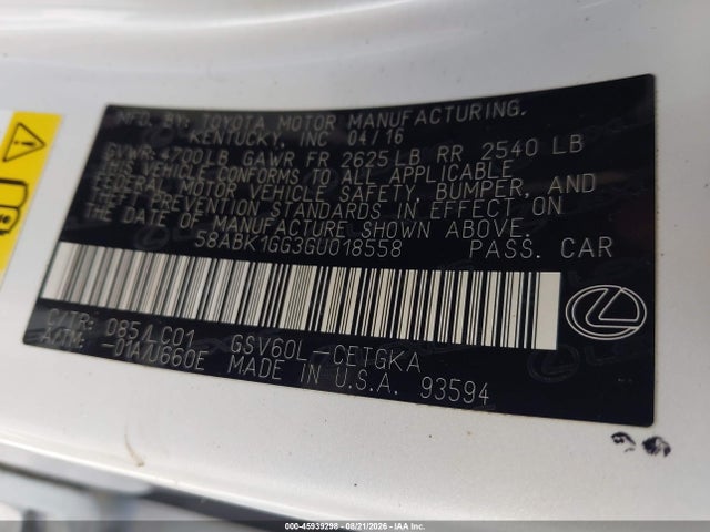 45939298 :رقم المزاد ، 58ABK1GG3GU018558 vin ، 2016 Lexus Es 350 مزاد بيع