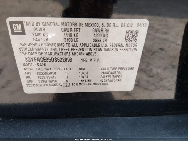 45939299 :رقم المزاد ، 3GYFNCE35DS622893 vin ، 2013 Cadillac Srx Luxury Collection مزاد بيع