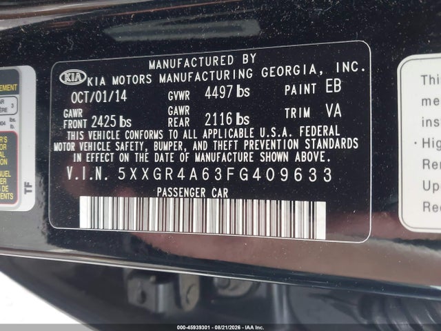 Aukcja sprzedaży 2015 Kia Optima Sx Turbo, vin: 5XXGR4A63FG409633, numer aukcji: 45939301