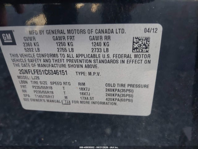 45939302 :رقم المزاد ، 2GNFLFE51C6346151 vin ، 2012 Chevrolet Equinox Ltz مزاد بيع
