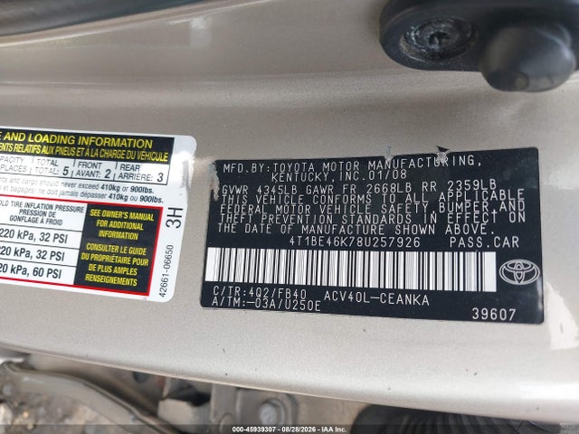 Aukcja sprzedaży 2008 Toyota Camry, vin: 4T1BE46K78U257926, numer aukcji: 45939307