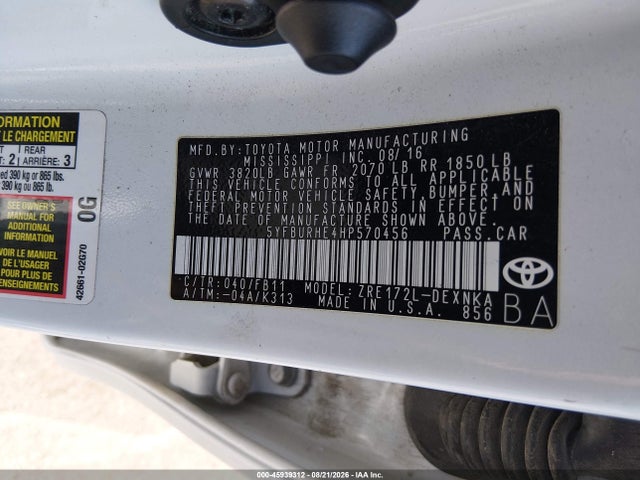 2017 Toyota Corolla Le მანქანა იყიდება აუქციონზე, vin: 5YFBURHE4HP570456, აუქციონის ნომერი: 45939312