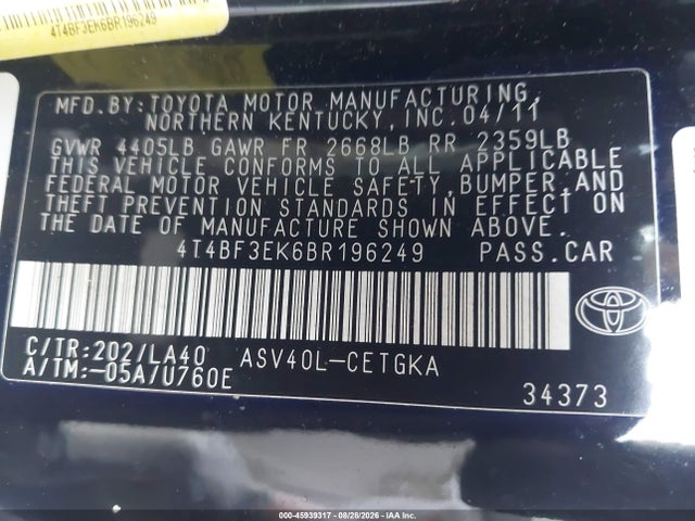 Продажа на аукционе авто 2011 Toyota Camry Xle, vin: 4T4BF3EK6BR196249, номер лота: 45939317