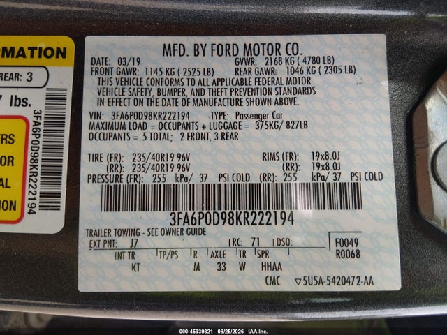 2019 Ford Fusion Titanium მანქანა იყიდება აუქციონზე, vin: 3FA6P0D98KR222194, აუქციონის ნომერი: 45939321