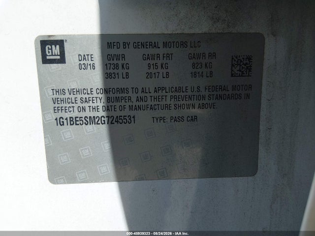 Продажа на аукционе авто 2016 Chevrolet Cruze Lt Auto, vin: 1G1BE5SM2G7245531, номер лота: 45939323