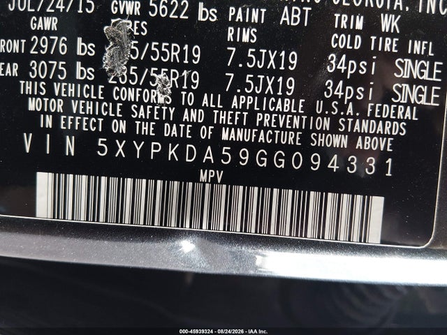5XYPKDA59GG094331 KIA Sorento 3.3l Sxl