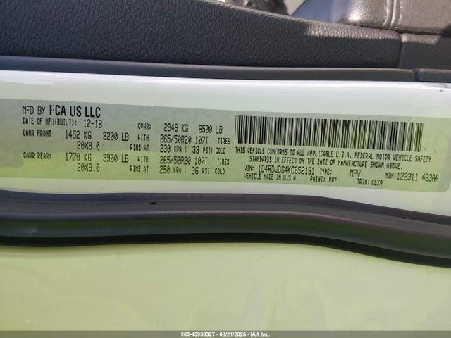 45939327 :رقم المزاد ، 1C4RDJDG4KC652131 vin ، 2019 Dodge Durango Gt Plus Awd مزاد بيع