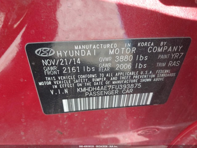 2015 Hyundai Elantra Se მანქანა იყიდება აუქციონზე, vin: KMHDH4AE7FU393875, აუქციონის ნომერი: 45939328