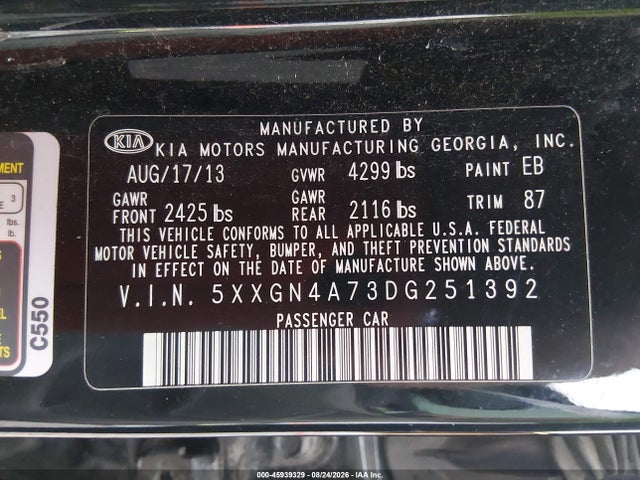 Auction sale of the 2013 Kia Optima Ex, vin: 5XXGN4A73DG251392, lot number: 45939329